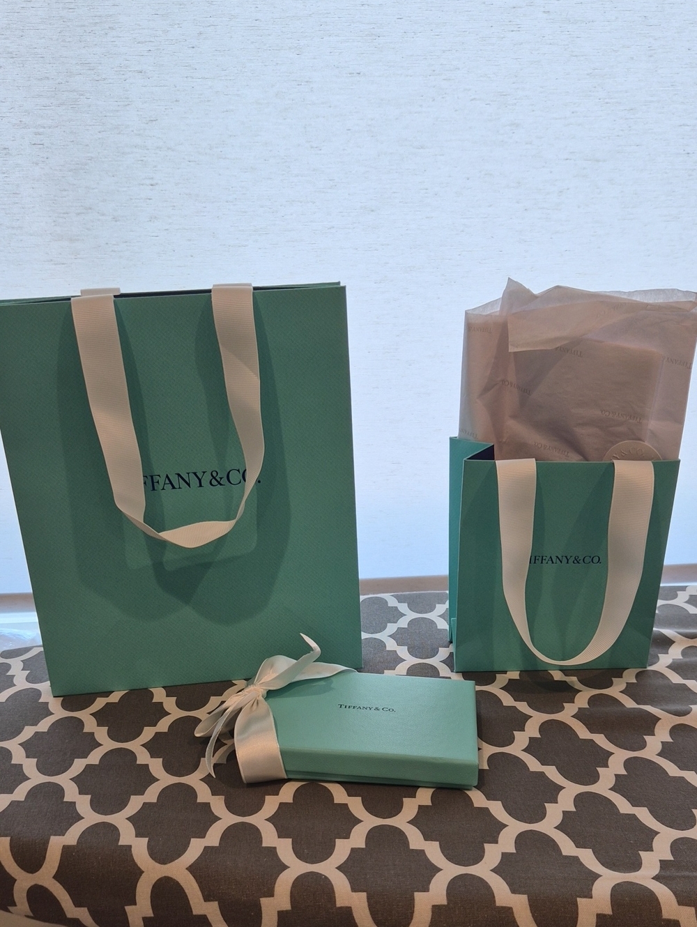 Tiffany & Co. Signature Blue Gift Bags and Box with White Ribbon